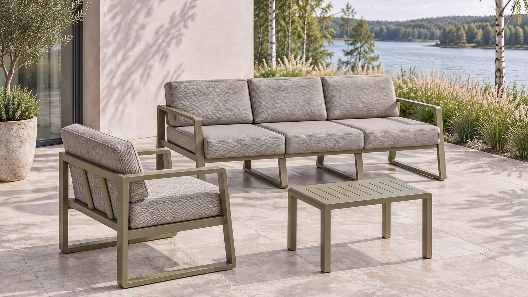 Visualisierung der Kollektion ESTER: Sofa, Sessel und Couchtisch auf einer sonnigen Terrasse am See