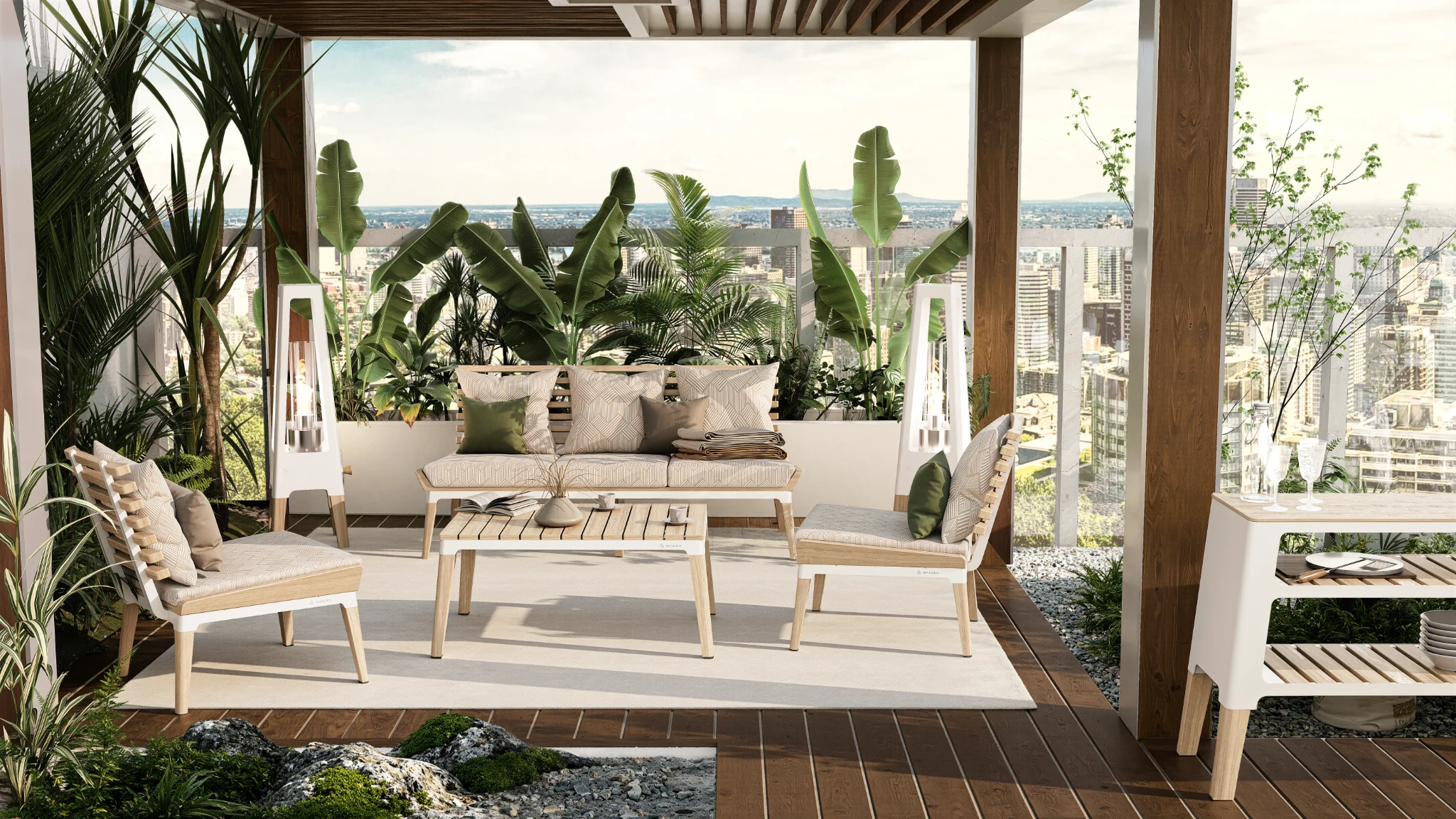Visualisierung der NEXO-Kollektion mit Sofa, Sesseln und Couchtisch auf einer überdachten Terrasse